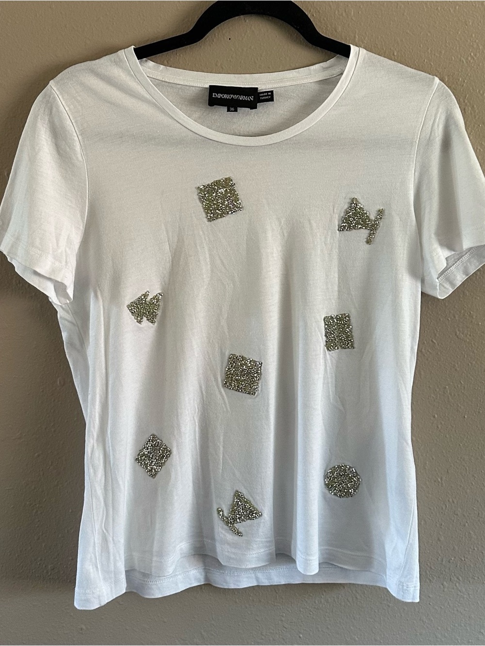 Emporio Armani White Short Sleeve Tee with Silver Crystal Motifs